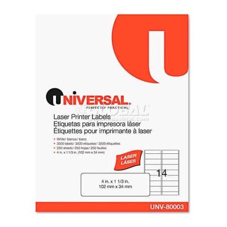 United Stationers Supply Universal® Laser Printer Permanent Labels, 1-1/3 x 4, White, 3500 Labels UNV80003